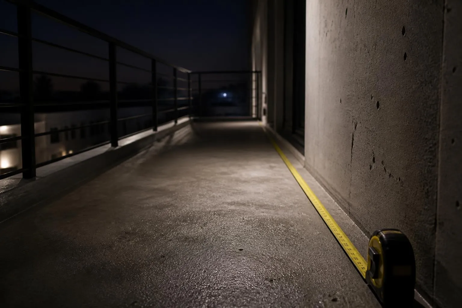 Angle d'une terrasse d'étage avec sa dalle béton, son garde-corps métallique et un mètre ruban déroulé au sol